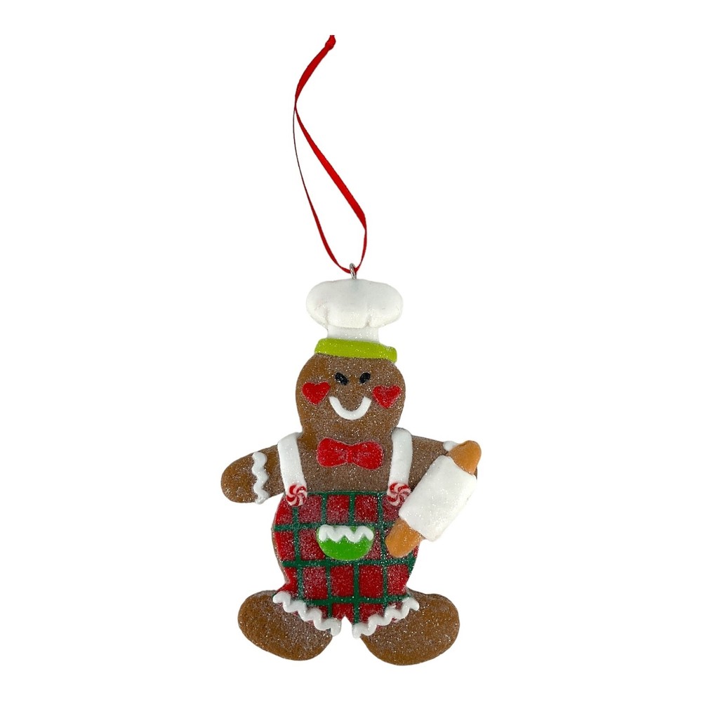 4.5 Inch Gingerbread Man Clay Cooking Chef Ornament with Bowl and Rolling Pin