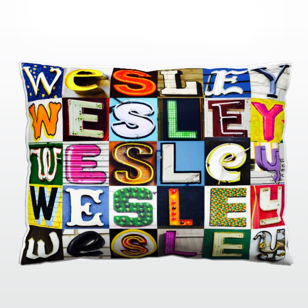 Personalized Pillow featuring the name WESLEY in photos of actual sign letters