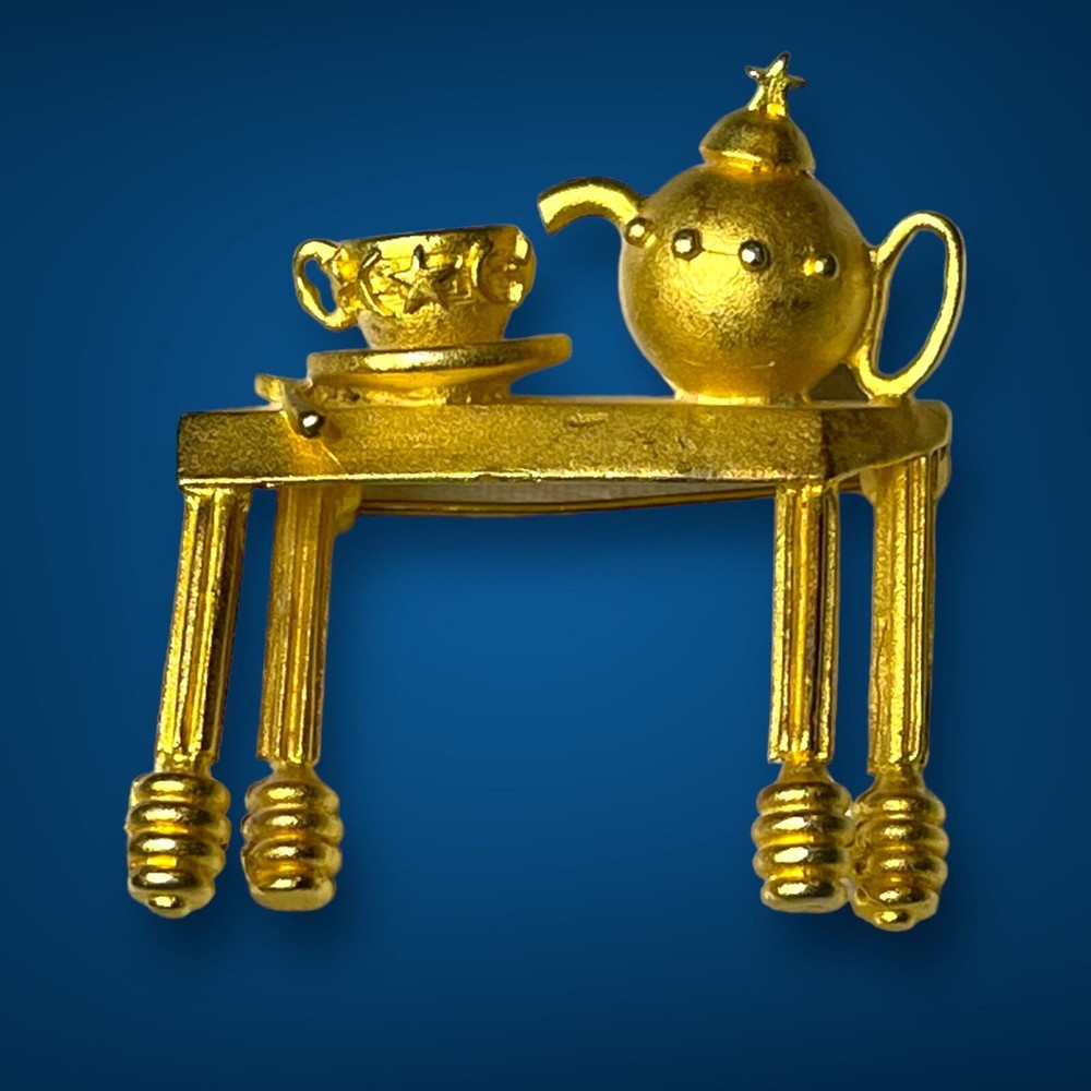 VTG Leslie Block Brooch Pin Gold Tone Tea Set Table Whimsical Kitschy Signed