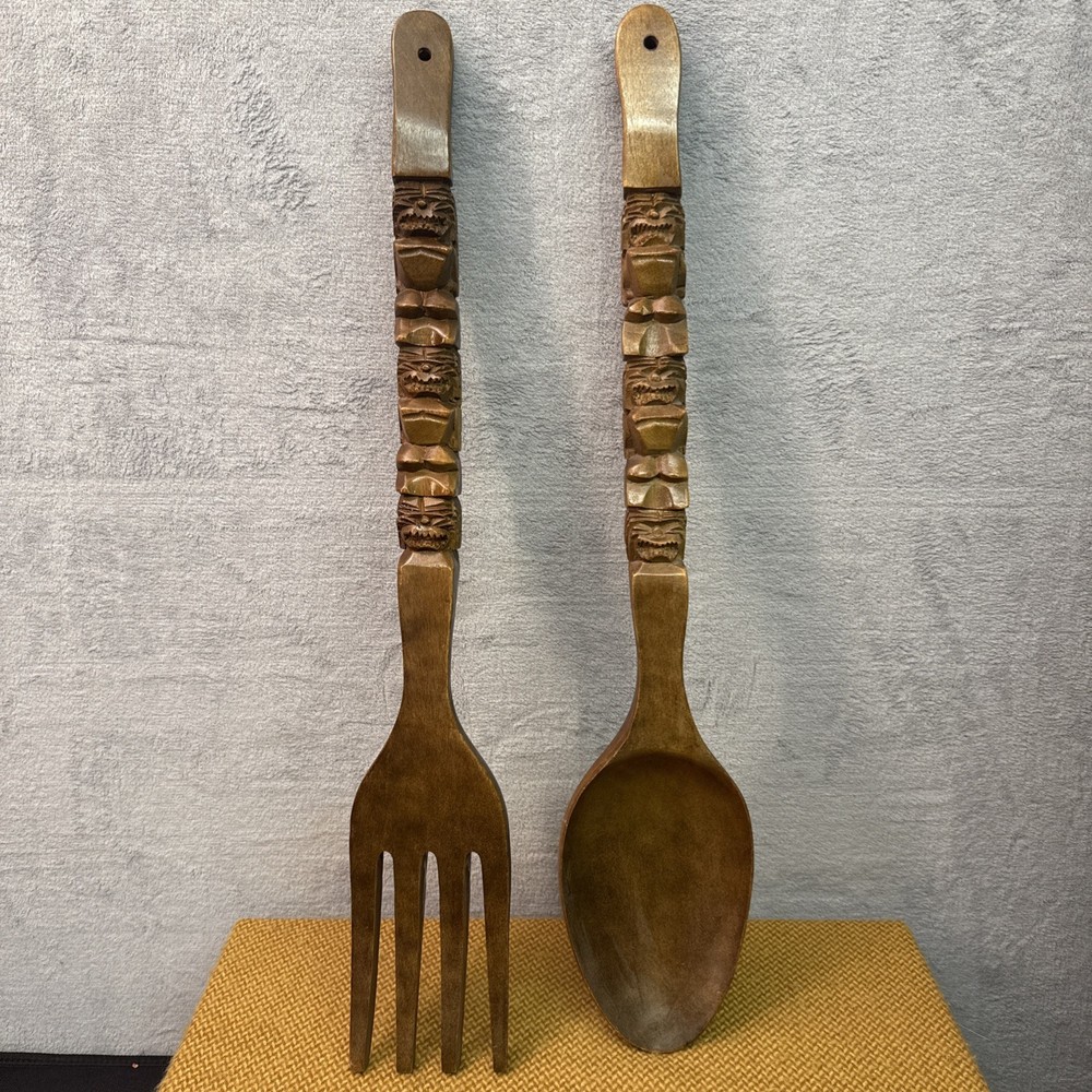 Vintage Tiki Large Wooden Fork and Spoon Wall Decor - Mid Century Modern 71cm