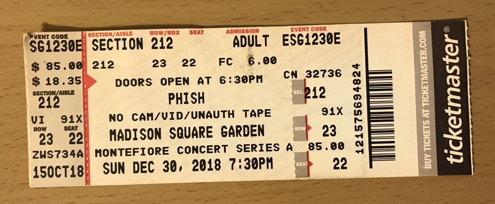 2018 PHISH 12/30 MADISON SQUARE GARDEN NEW YORK CITY CONCERT TICKET STUB TREY 22