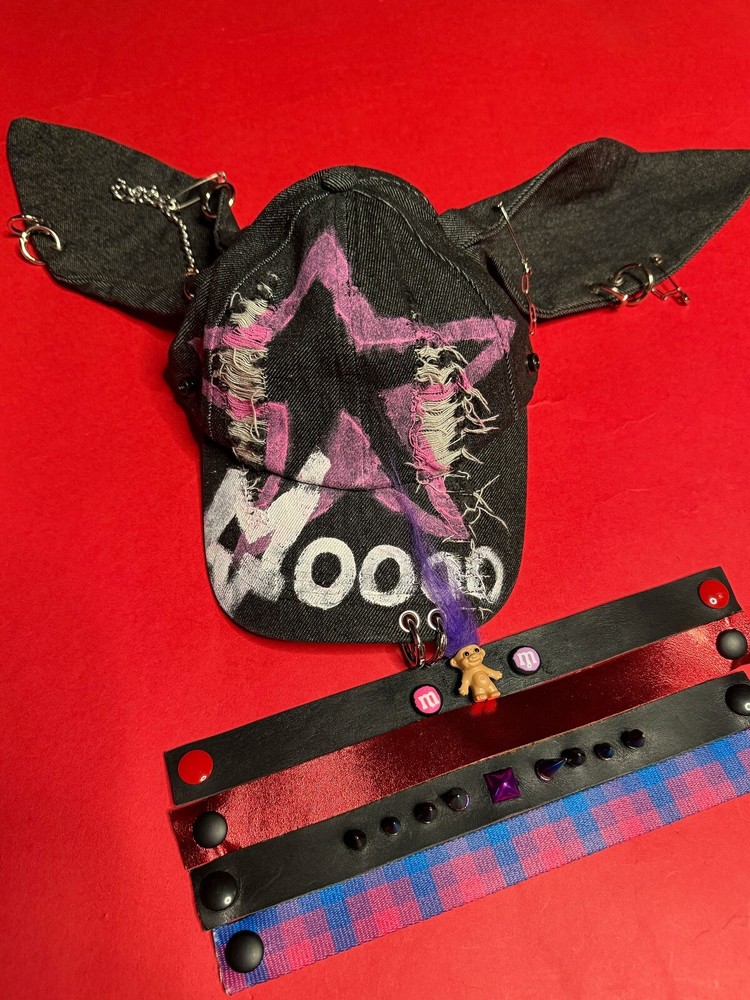 Unique Upcycled Purple Denim Cap with 4 Pins – Adjustable Streetwear Style