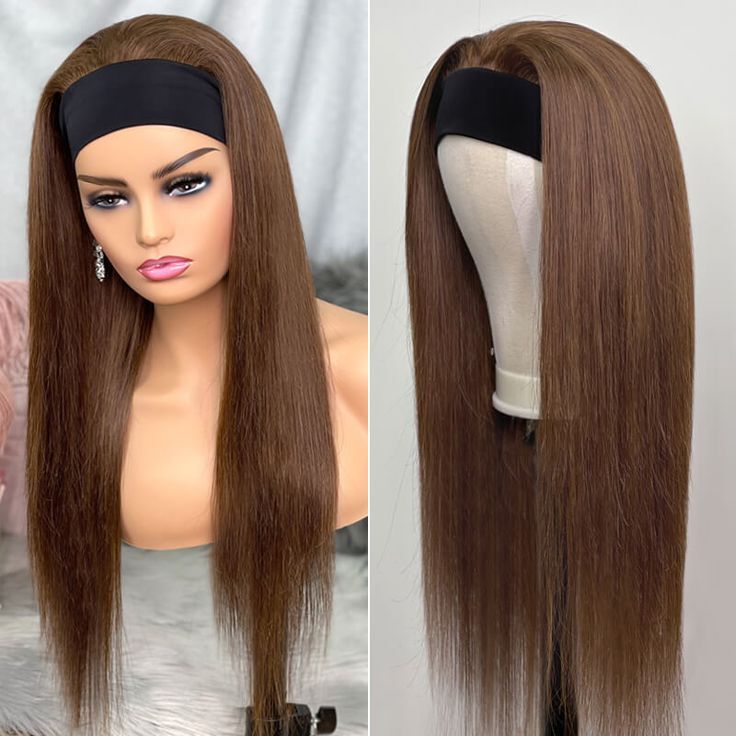 Long Silky Straight HeadBand Wigs Dark Brown Human Hair Wig Natural Looking