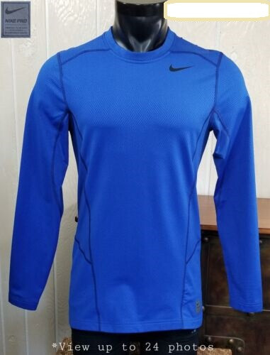 NIKE Pro Dri Fit Fitted Blue Geometric L/S Midweight Men's Activewear Shirt MED