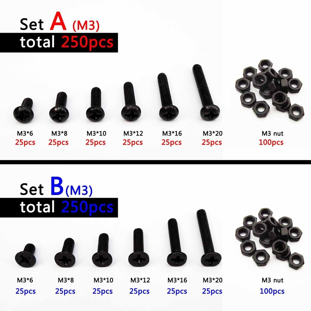 250pcs Assortment Kit Black Steel Metric Thread M3 Phillips Head Screw Bolt Nut
