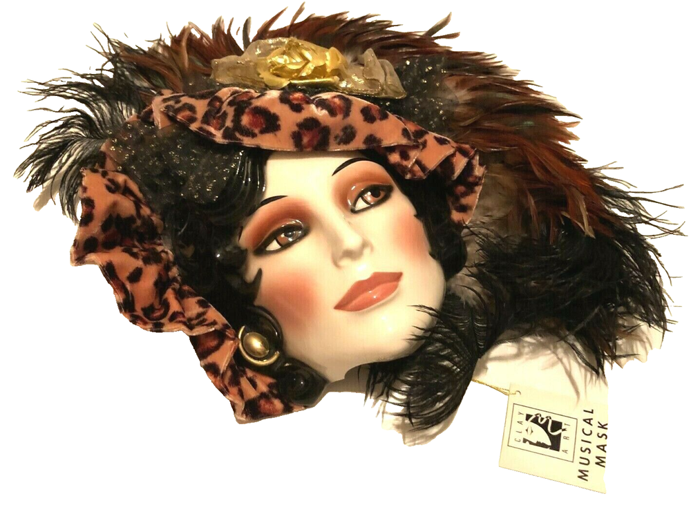 Clay Art Wall Decorative Mardi Gras Musical Ceramic Mask Blue Peacock Feather