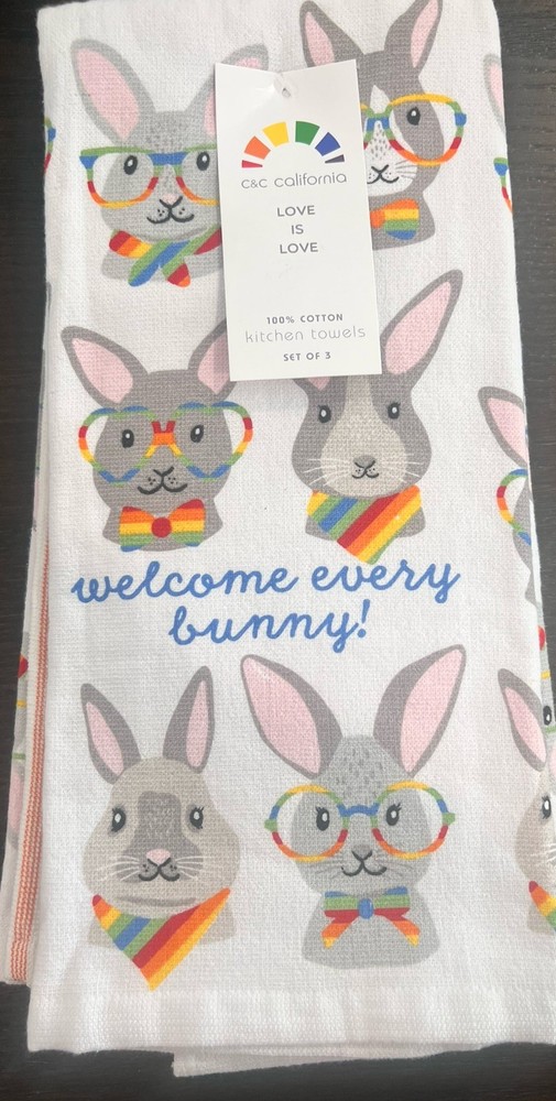 Cute Bunny Themed Kitchen Dish Towels Set of 3 100% Cotton New
