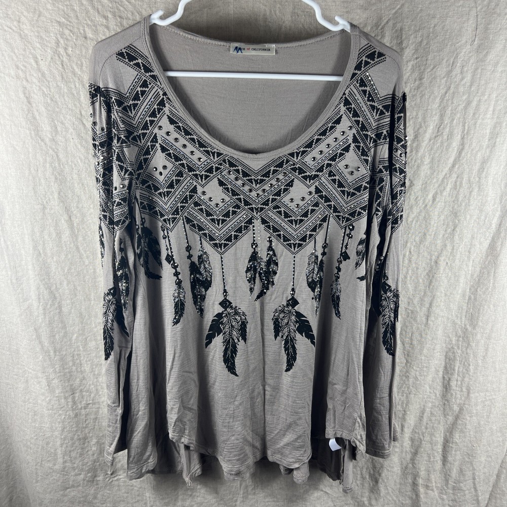 California Women's Black Gray Studded Scoop Neck Long Sleeve Shirt Size M-image