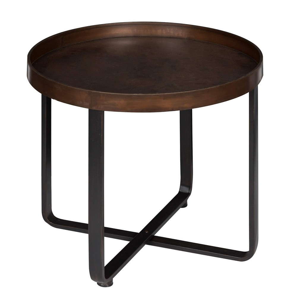Zabel Modern Round Metal End Table with Criss Cross Base, Bronze and Black