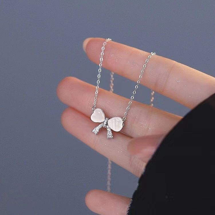 Silver Cute Stone Bow Tie Knot Pendant Chain Necklace Women Girl Gift