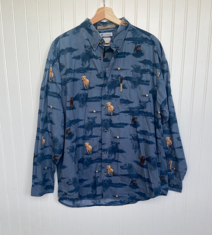 Columbia Button Down Shirt Mens L Large Blue Labrador Retriever Dogs River Lodge