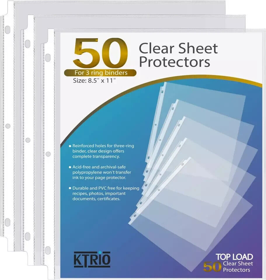 50 Sheet Protectors, 8.5 X 11 Inch Clear Page Protectors for 3 Ring Binder, 50