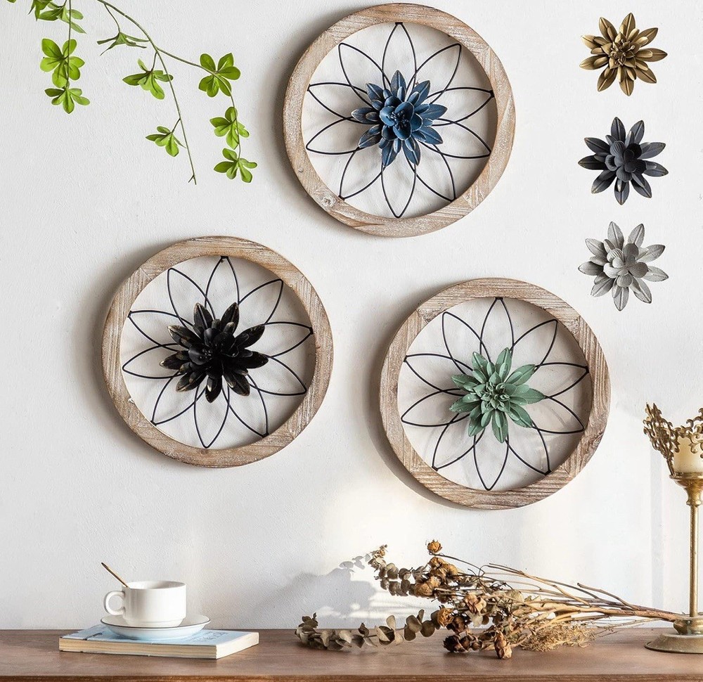 3-Piece Rustic Farmhouse Wall Decor Set with Metal Flower Accents on Wood