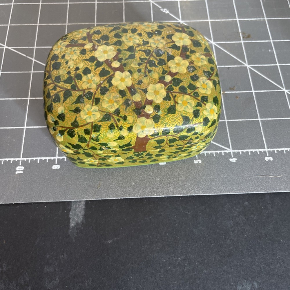 Hand-Painted Kashmiri Paper Mache Trinket Box Floral Lacquer 3.5x4.5x2 Inches