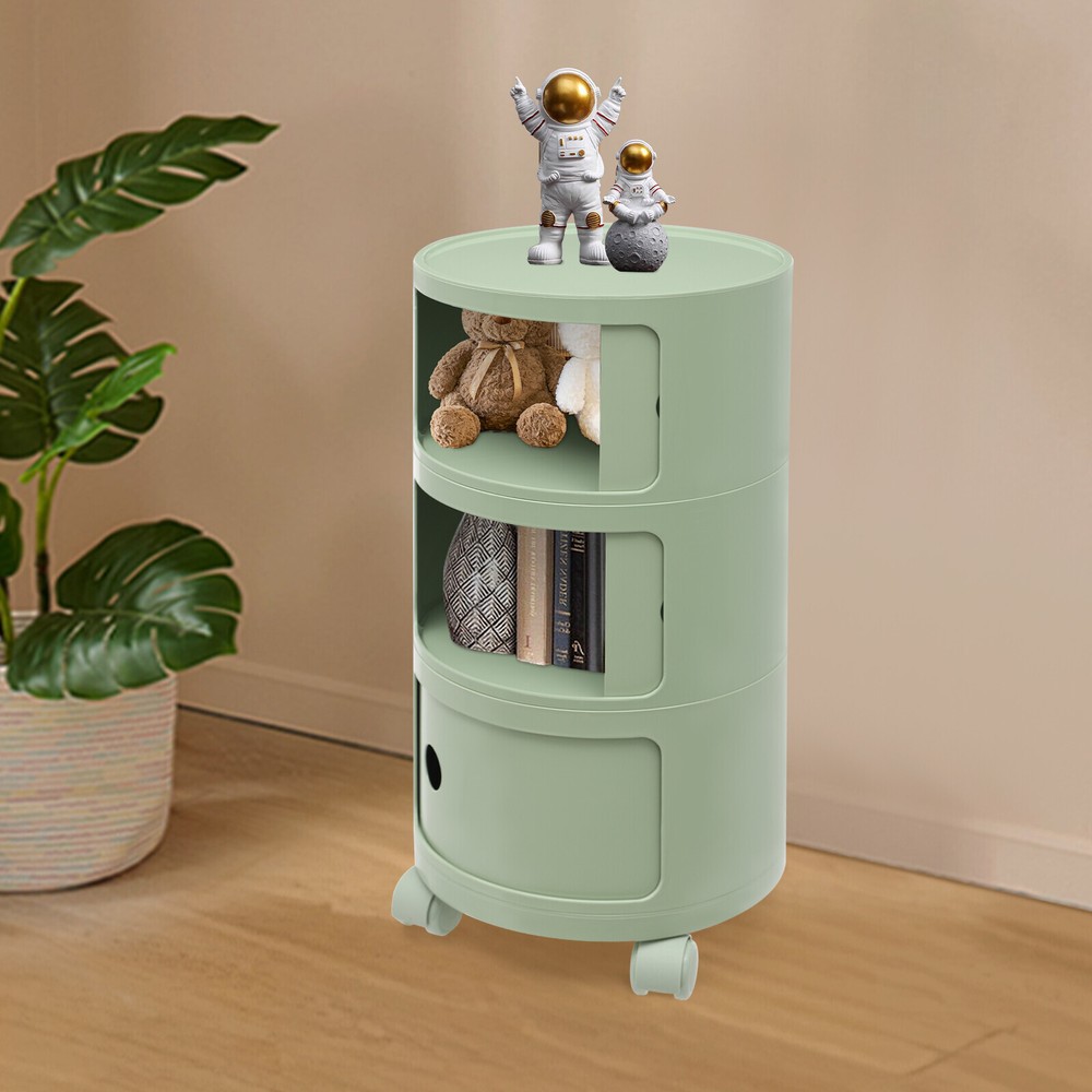 3-Tier Round Bedside Cabinet with Wheels Multifunctional Storage End Table