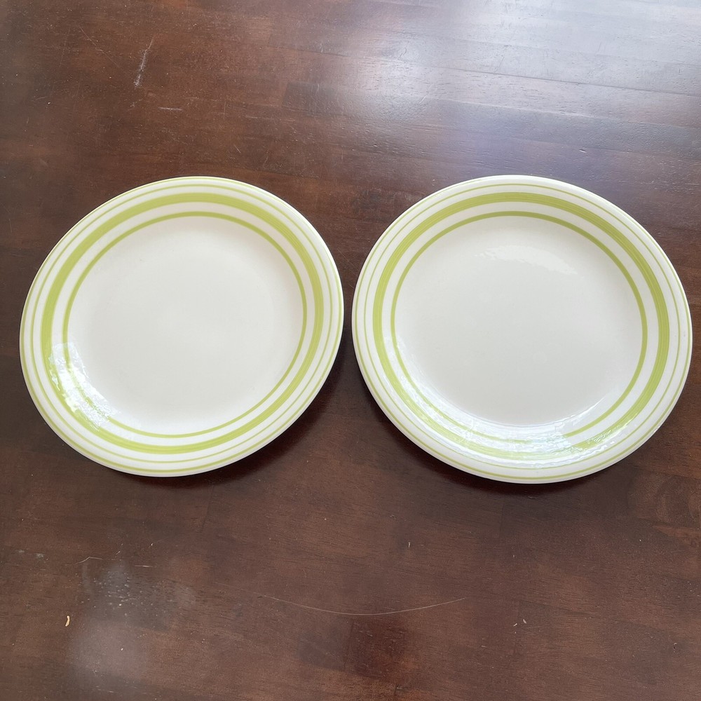 Pottery Barn Summer Stripe Lime Green Dinner Plates Set 2 Made in Italy READ