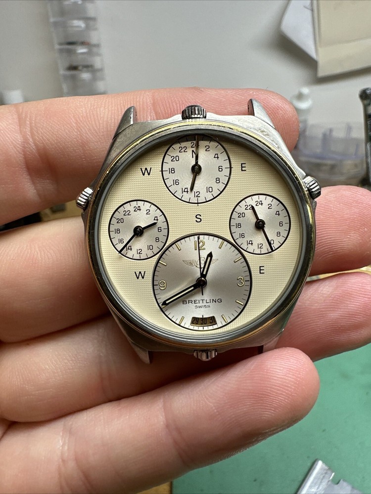 Rare Breitling 18K/SS World Time Pilots Watch Vintage Men's Watch 4 Time Zones