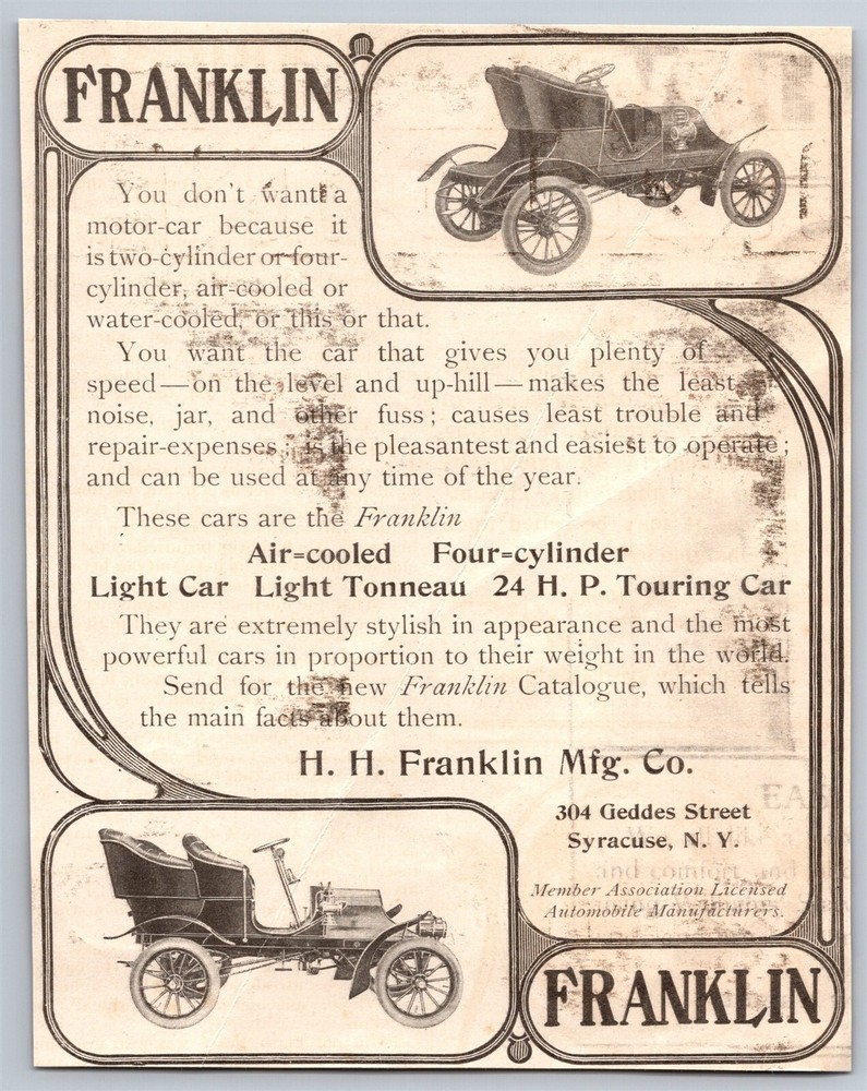 FRANKLIN Light Car Vintage Print Ad Light Tonneau 24 hp Touring Car Syracuse NY