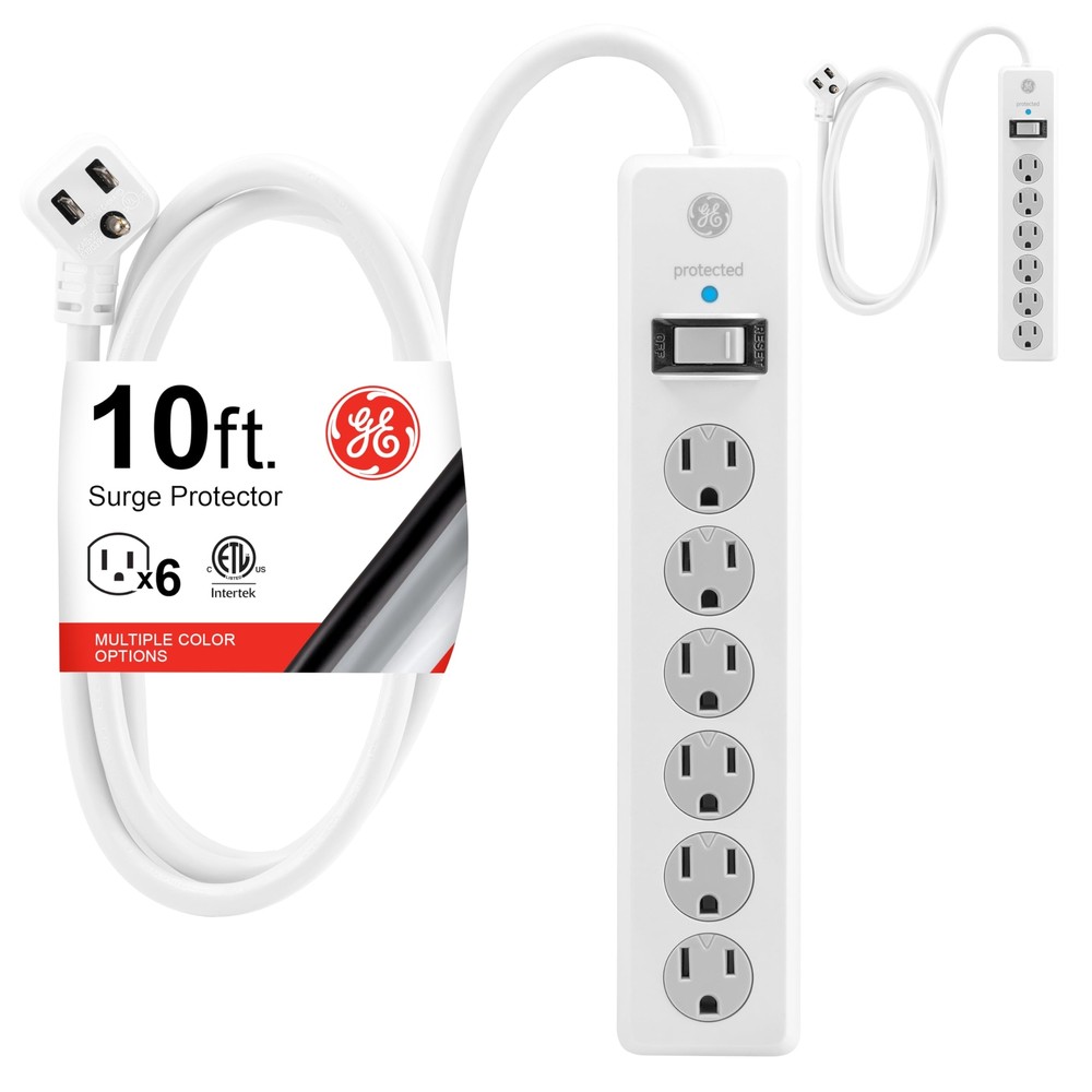 6-Outlet Surge Protector 2 Pack 10 Ft Extension Cord Power Strip 800 Joules F...
