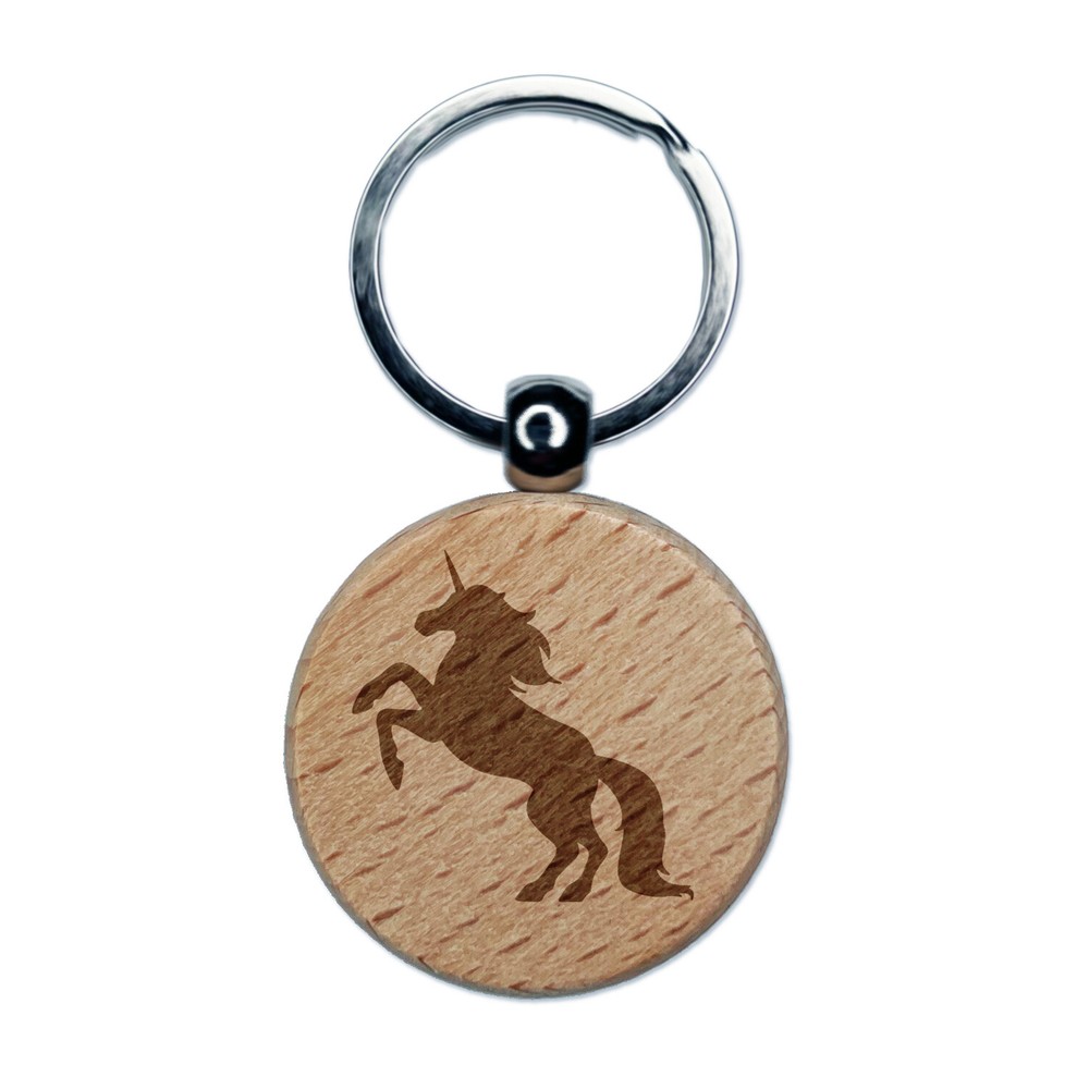 Majestic Unicorn Rearing Up Engraved Wood Round Keychain Tag Charm