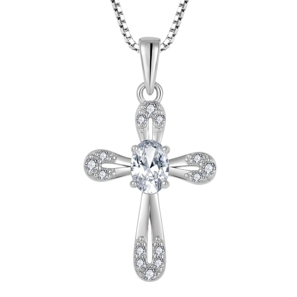 TIMFROZ Cross Necklace 925 Sterling Silver Oval 5A Cubic Zirconia Pendant wit...