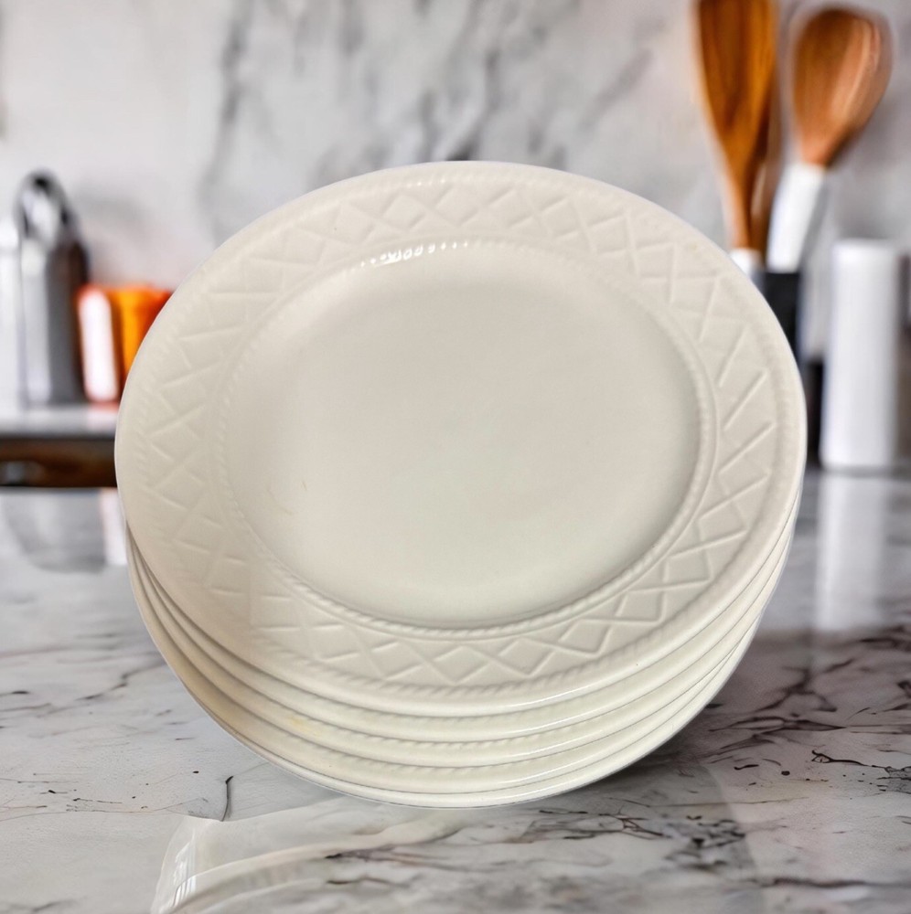 TOTALLY TODAY 5- Salad Plates All White Embossed Criss-Cross Border Ceramic Dish-image