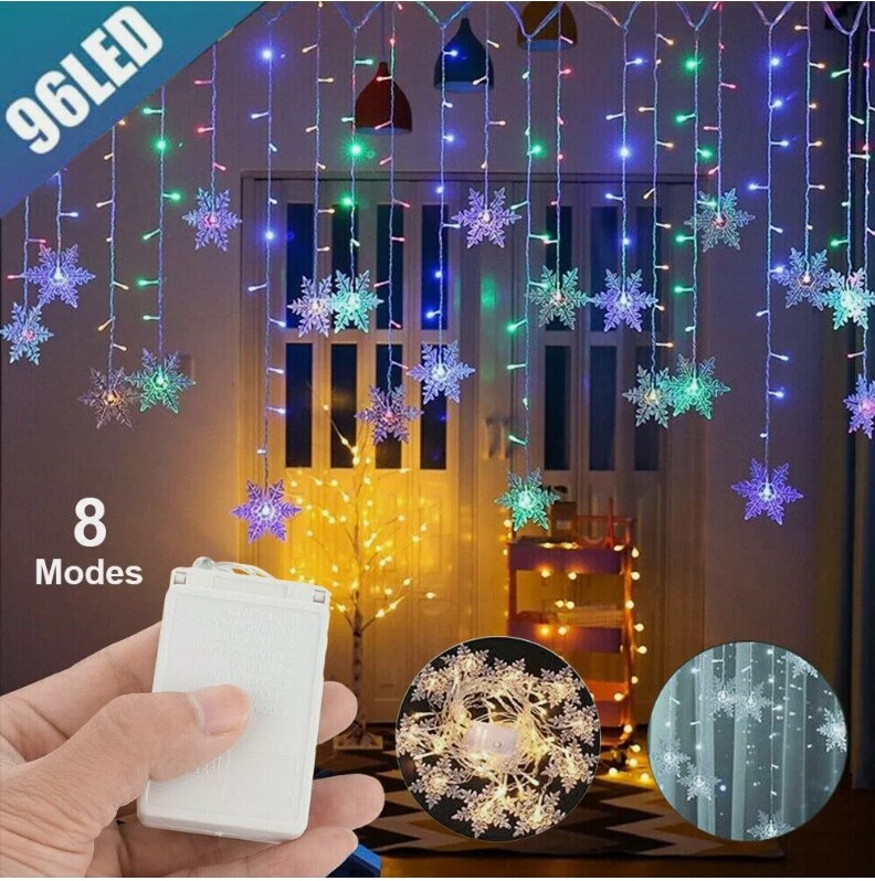 Christmas 96 LED Curtain Window Snowflake String Fairy Lights Waterproof Decor