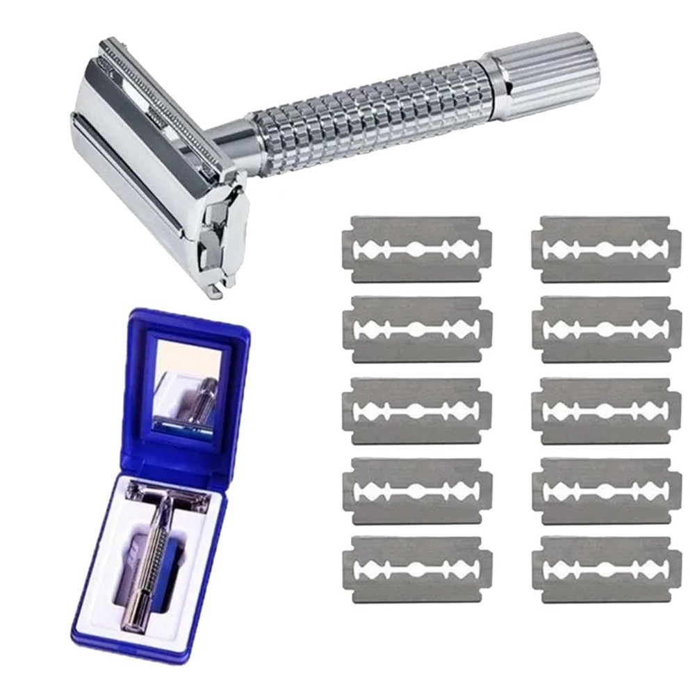 Unisex Double Edge Safety Razor with 10 Platinum Coated Stainless Steel Blades
