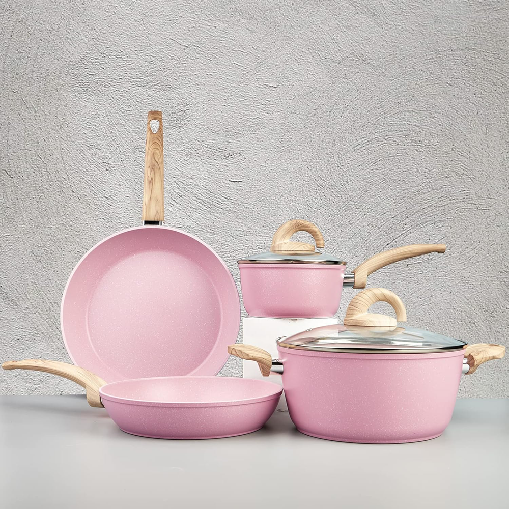 Pink Pots and Pans Set Non Stick, Ceramic Cookware Set with Granite Pattern Sets