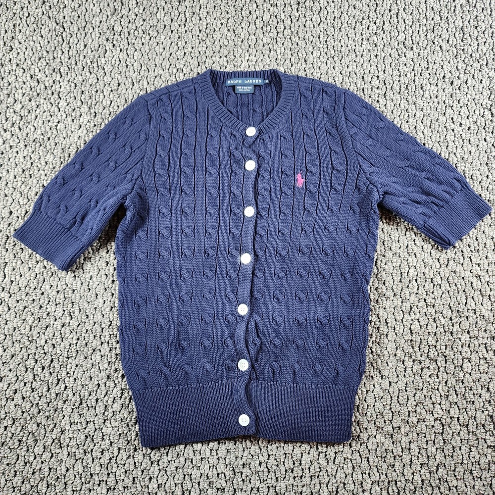 Ralph Lauren Womens Medium Short Sleeve Cable Knit Sweater Cardigan Blue