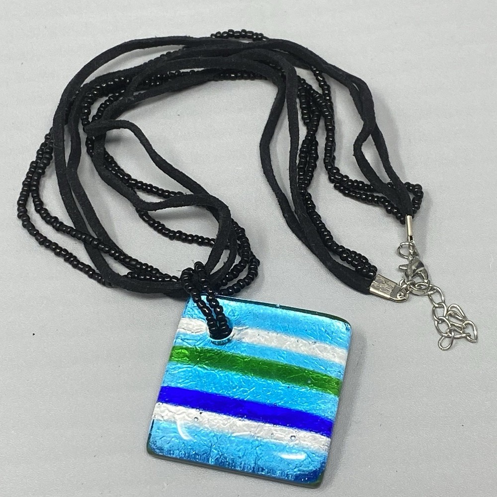Dichroic Glass Pendant Necklace Blue Green Silver Striped Black Seed Bead Cord