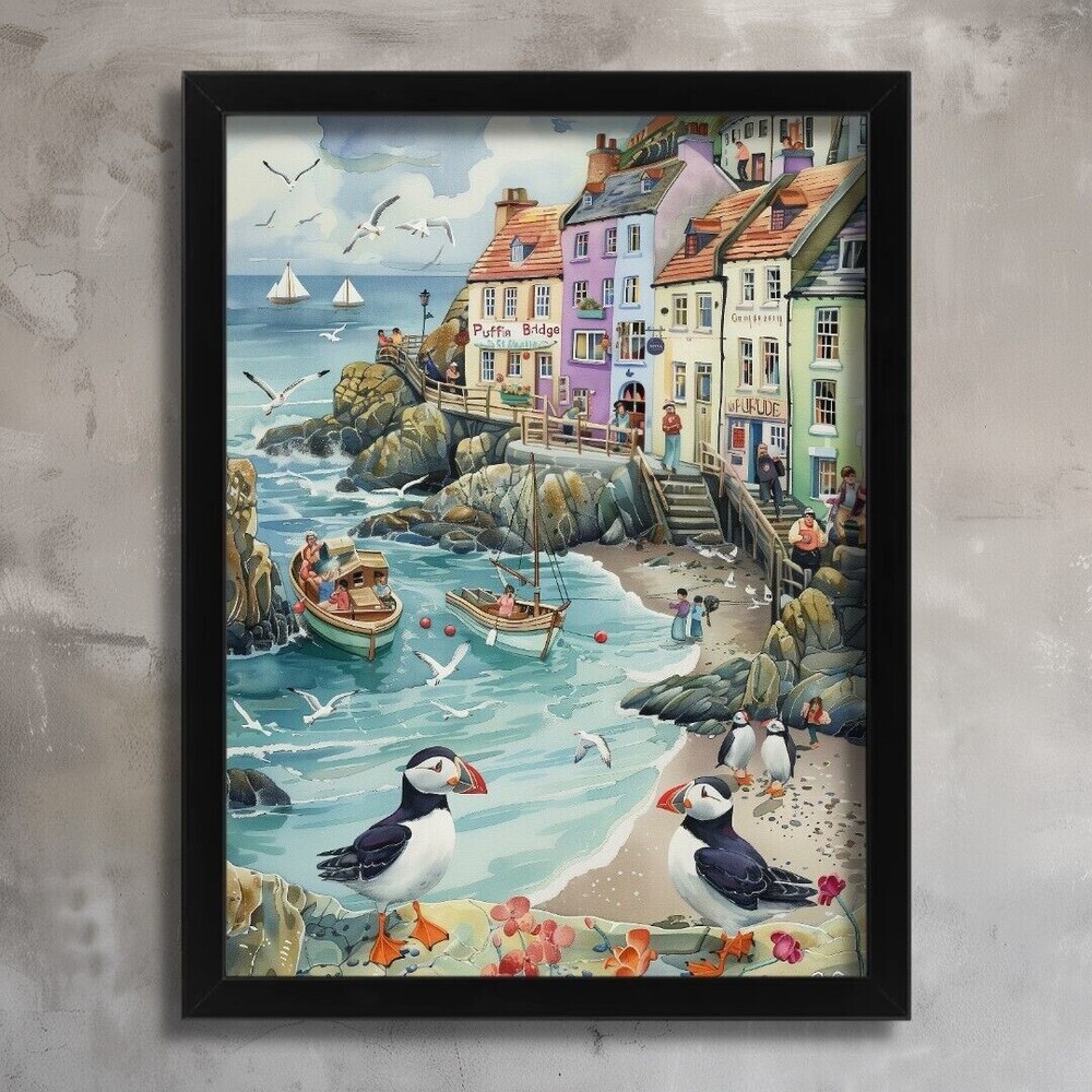 Puffin Town Wall Art Print Living Room Picture Puffins Animal Print Poster Art