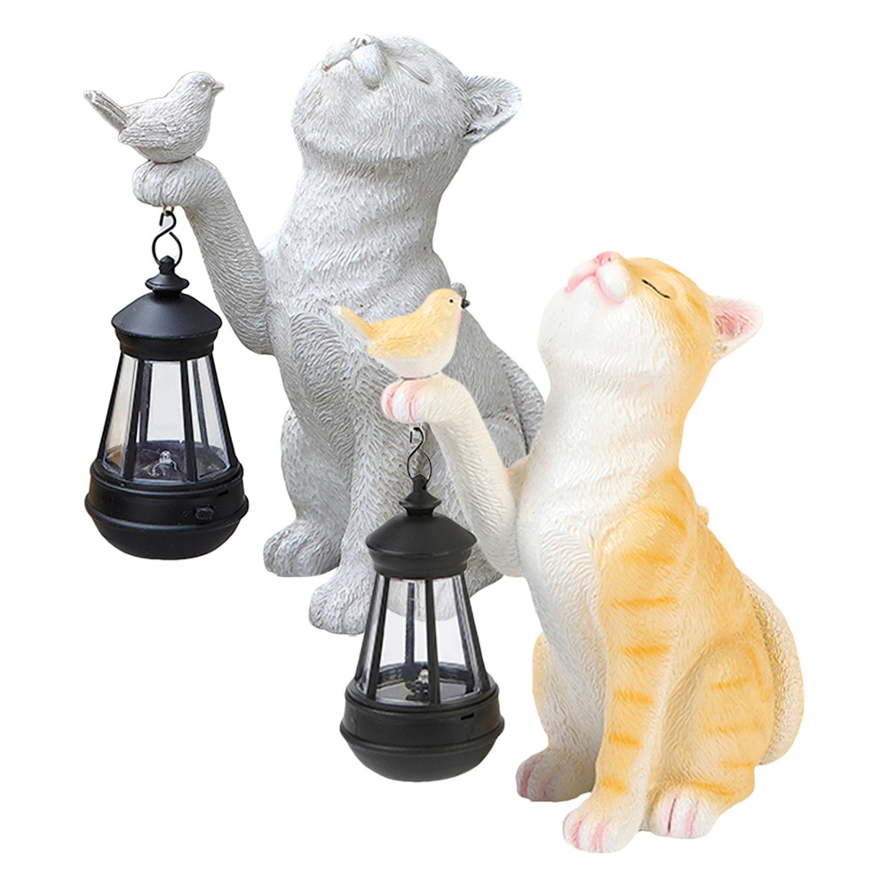 Cute Cat Statue with Solar Lantern Eye-Catching Garden Sculpture Decor