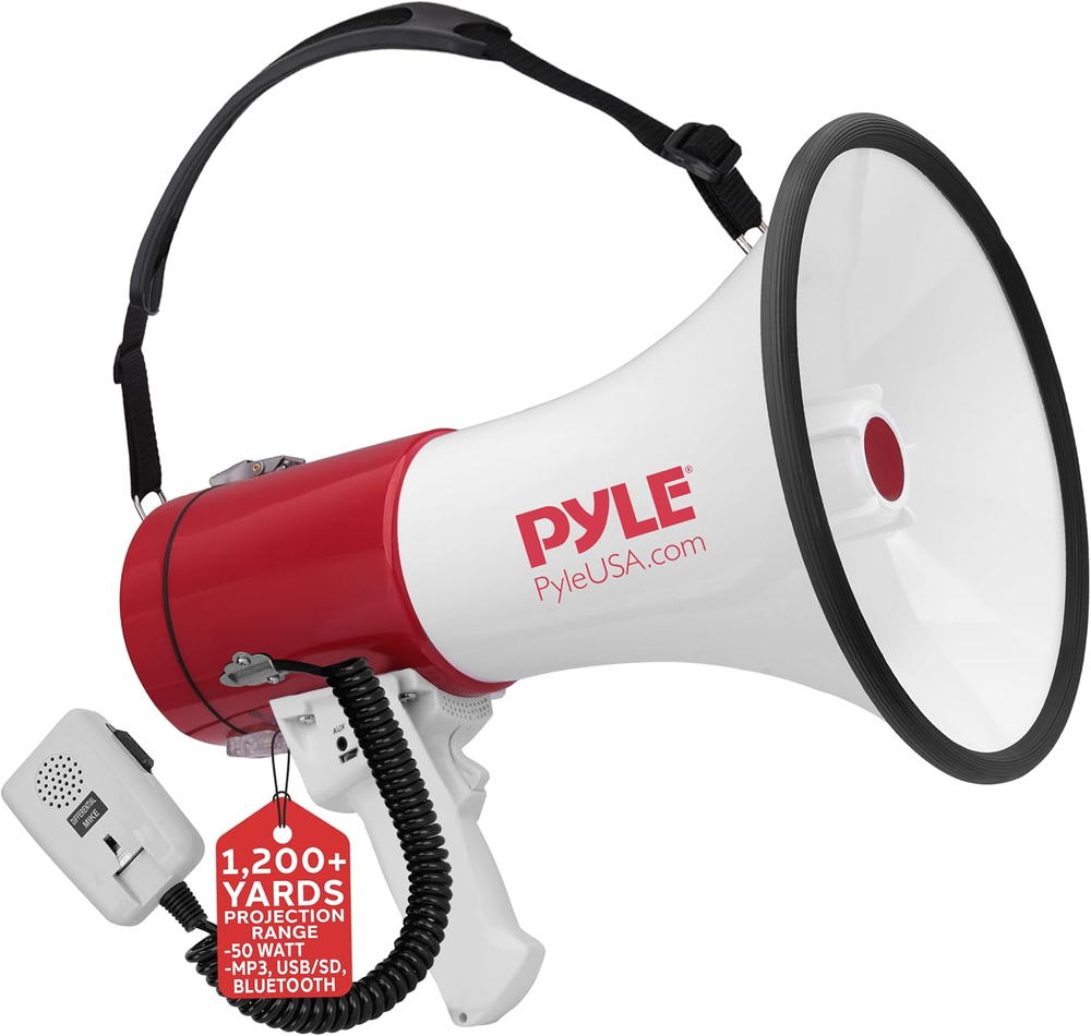 Portable Megaphone Speaker PA Bullhorn-Built-In Siren, 50W Adjustable Volume Con
