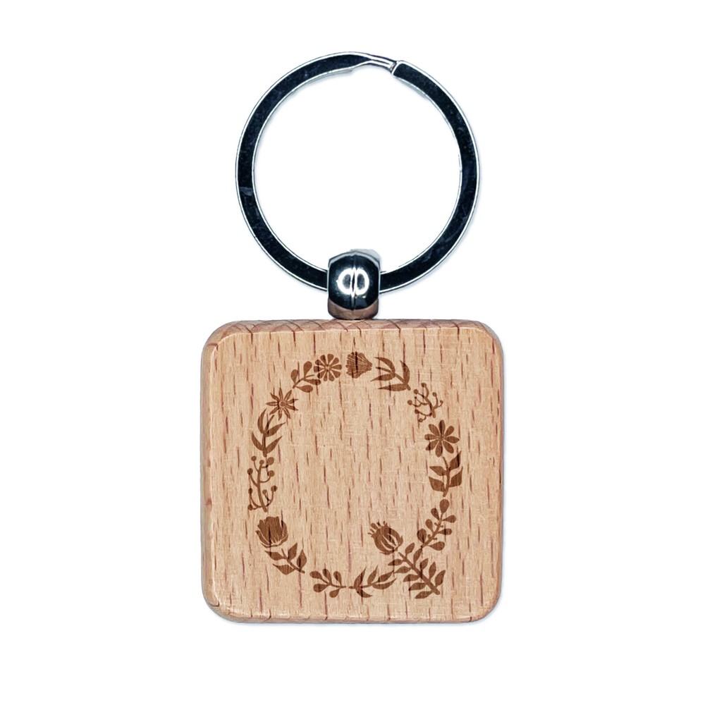 Elegant Engraved Wood Floral Letter Q Keychain Charm Tag  