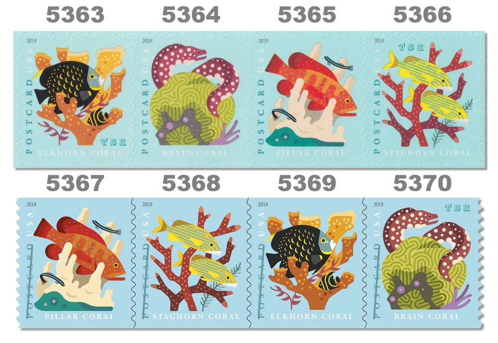 2019 Coral Reefs Stamps: 2 Strips of 4, Scott 5363-66, 5370a - Shop Now-image