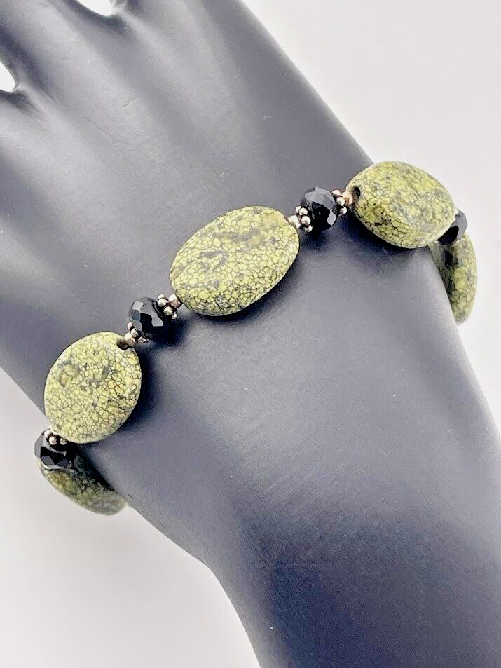 925 STERLING SILVER GREEN SERPENTINE ONYX BRACELET 7.5