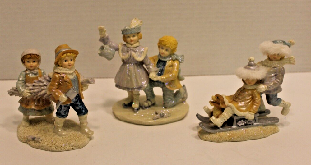 3 Figurines, Children in Snow Suitable for Christmas Village