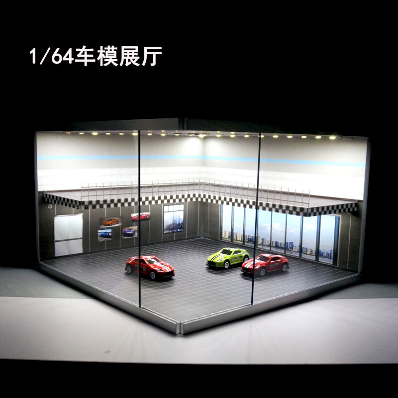 1/64 Diorama Car Showroom Model LED Lighting Car Parking Lot Scene Model Gift