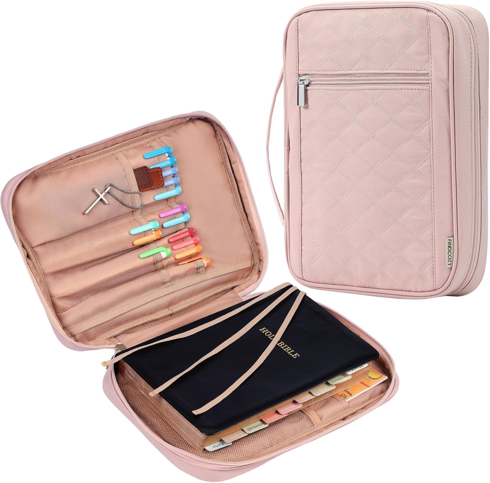 Bible Cover for Women, Durable Pink Carrying Case with Handle & Zippered Pocket