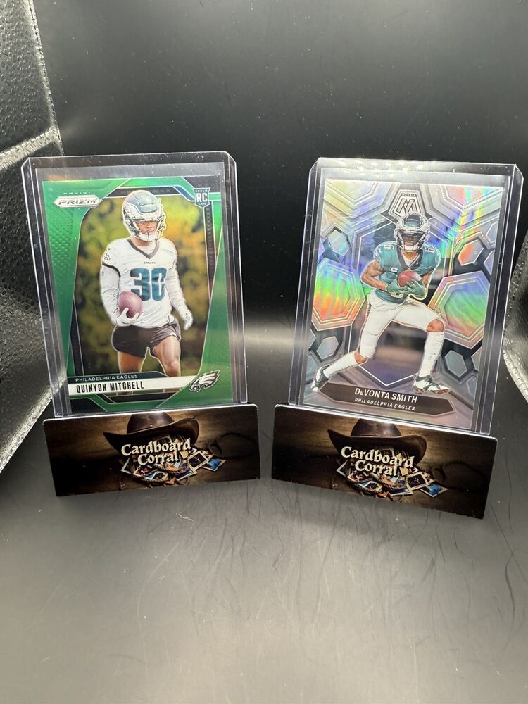 Eagles Lot 24 Prizm Green Quentin Mitchell (RC), 24 Mosaic Silver Devonte Smith