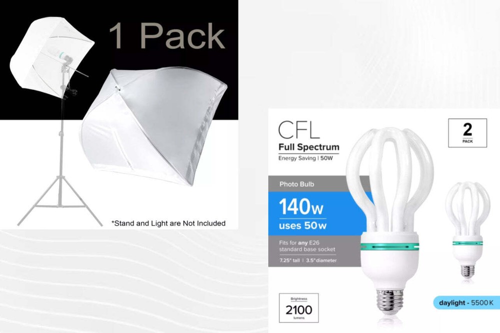 White Umbrella And 50W Compact Fluorescent Lighting Bulb