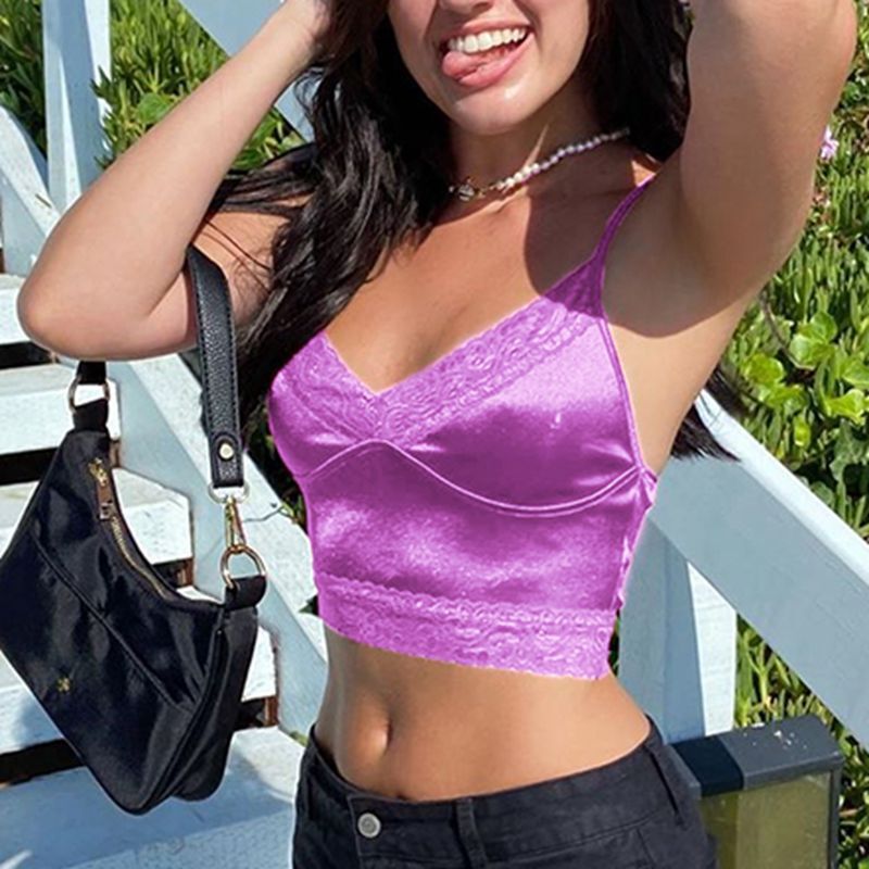 Lace trim checkered crop suspender vest casual women's top