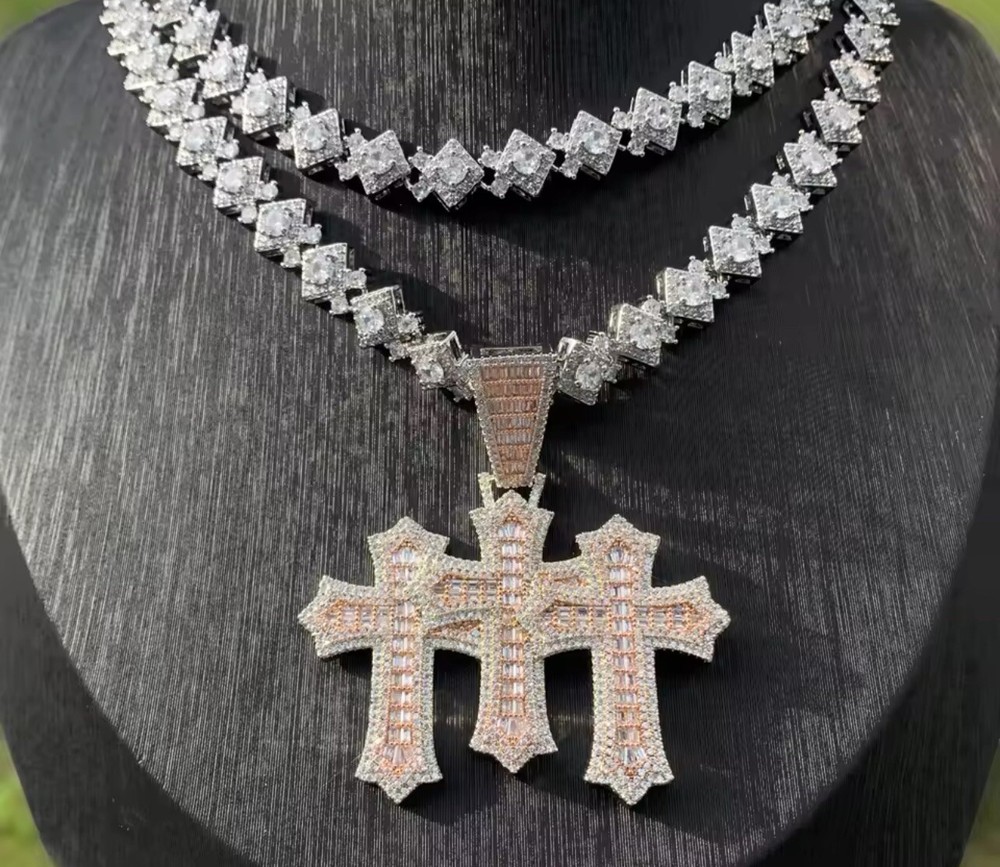 Brand New  Simulated Diamond Triple Cross Necklace