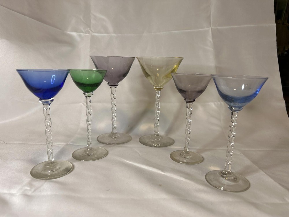 Vintage Set of 6 Elegant Colorful Cordial Coupe Glasses  