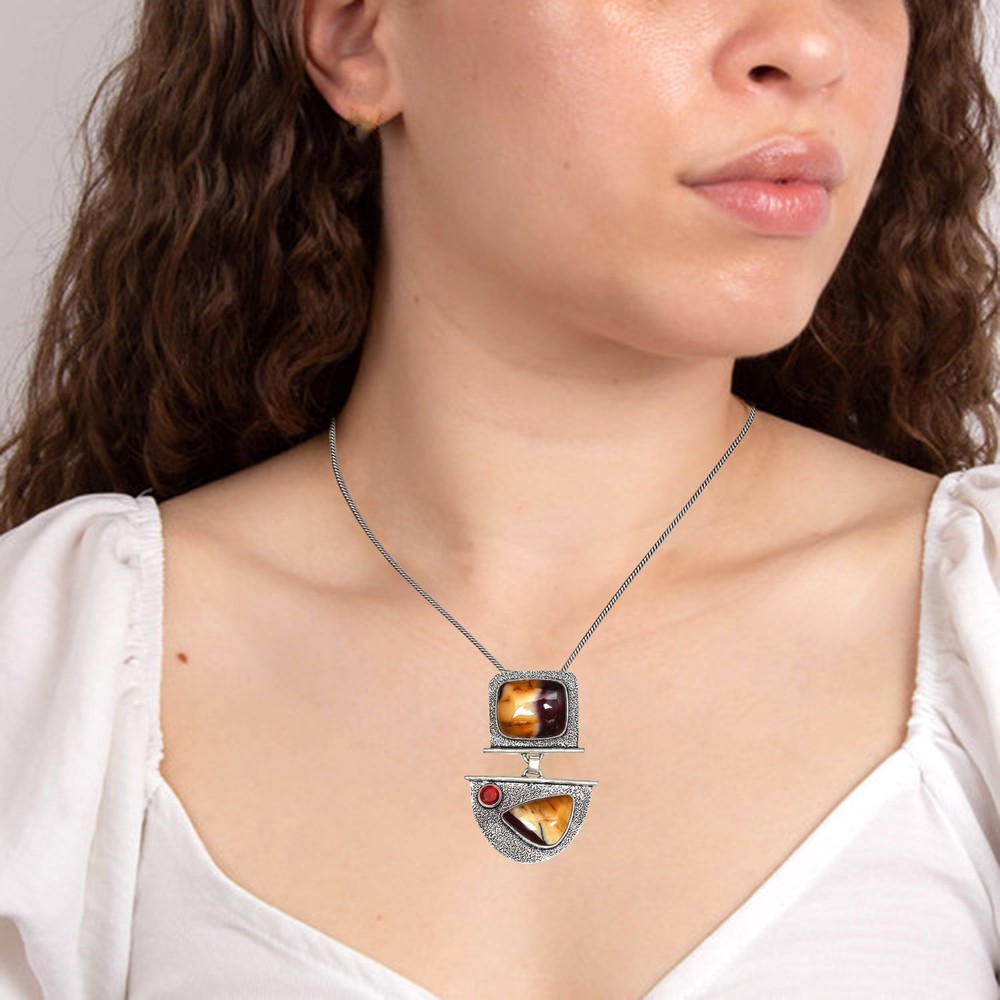 Vintage Wild Horse Jasper Carnelian Garnet Sterling Silver Pendant Necklace