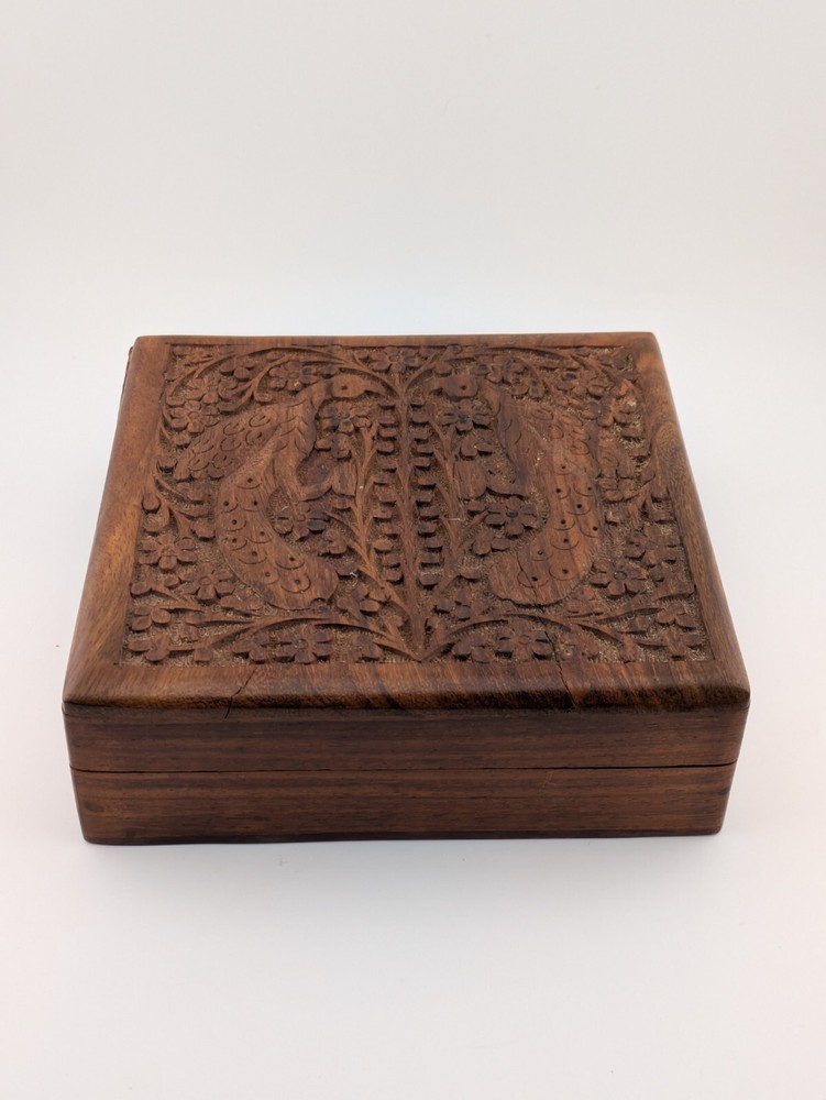 Vintage Hand Carved Wood Wooden Box Made In India Trinket Jewelry Floral Peacock