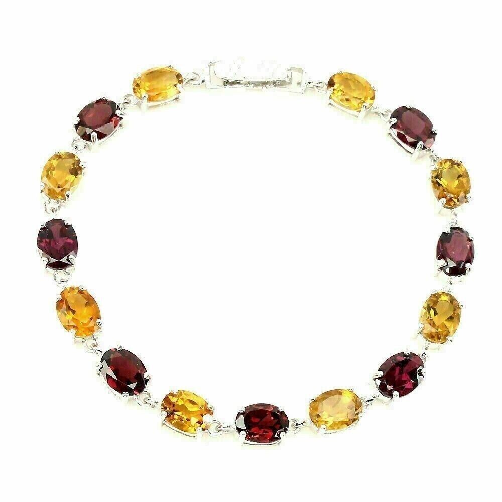 Sterling Silver Bracelet with Genuine Pink Rhodolite and Yellow Citrine Gems 7.5 Inches