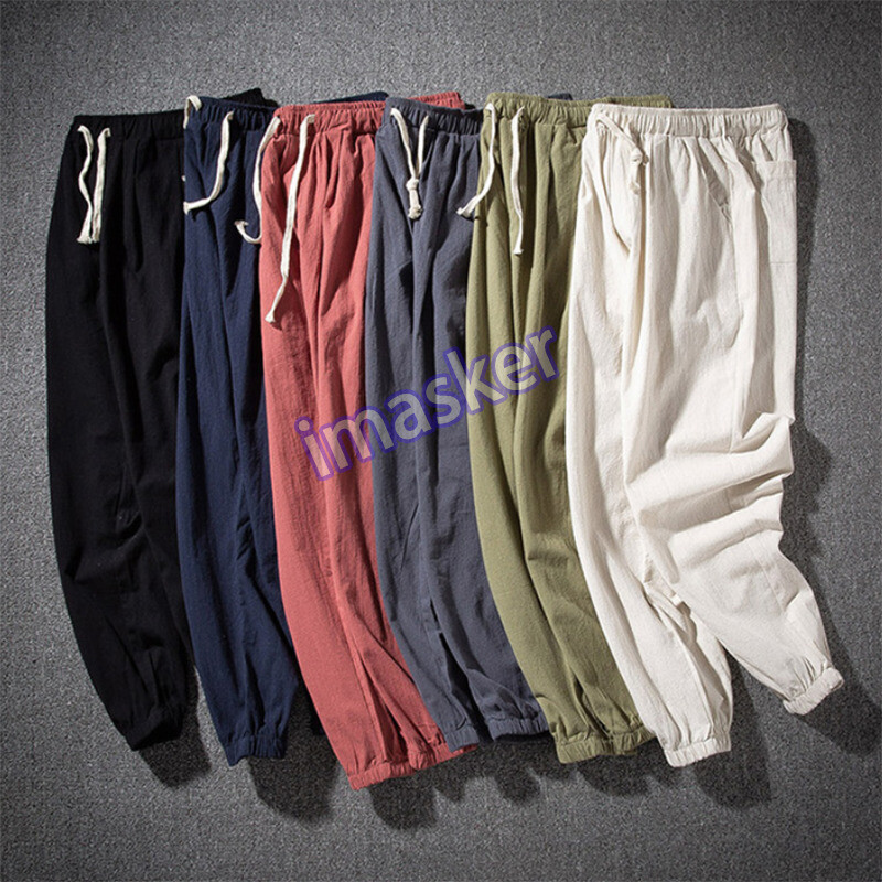 Men's Cotton Linen Loose Fit Ankle Pants Casual Summer Trousers