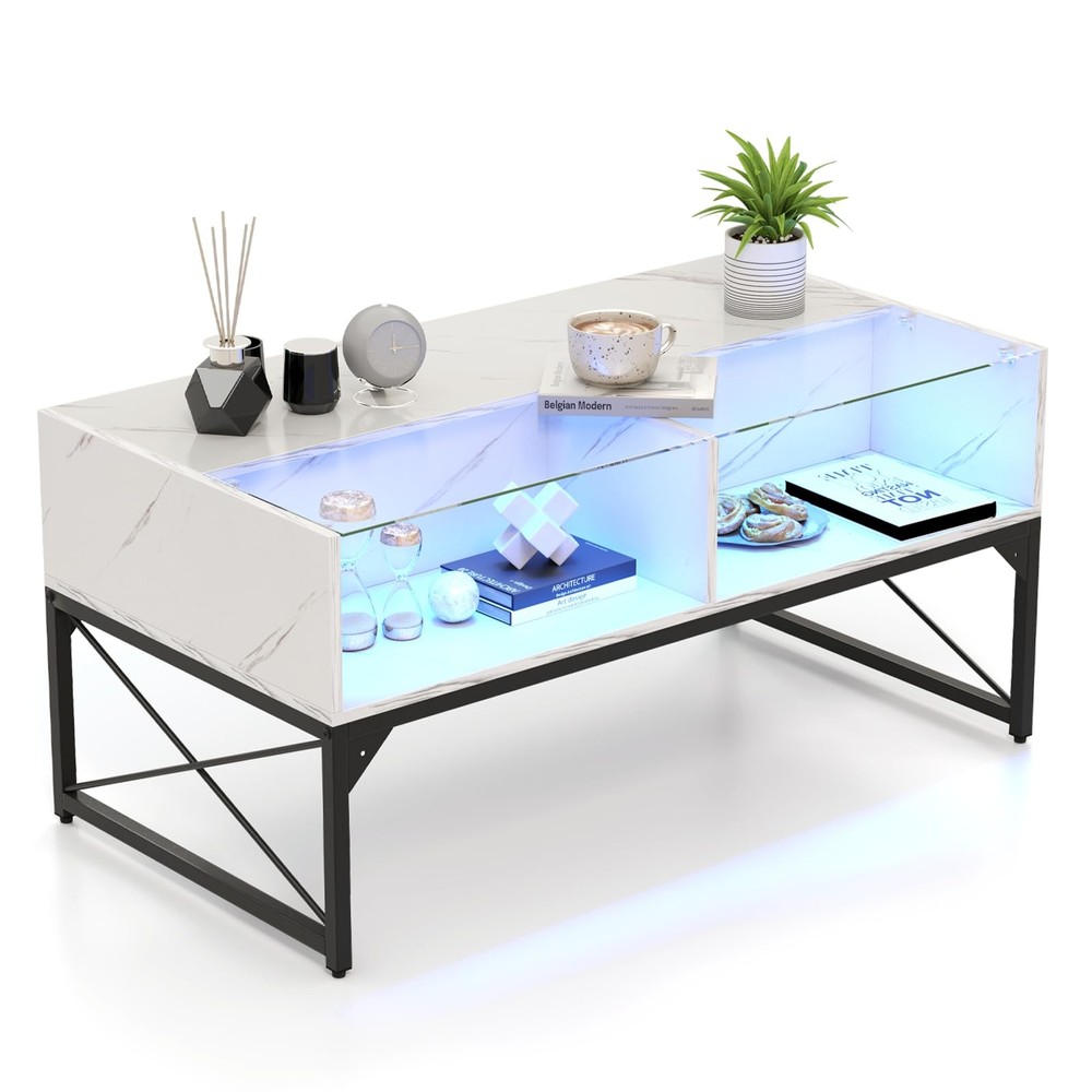 Mesa De Centro Blanca 41.5 Pulgadas Con Luz LED y Remoto Para Sala En Oferta
